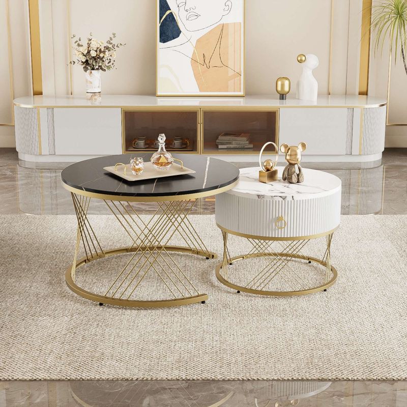 Couchtisch rund 2er set mit Schubladen Marmoroptik Golddekor 70x70cm Modularer Set Design Eleganz für Wohnzimmer Aosom.de – Bild 1 von 2