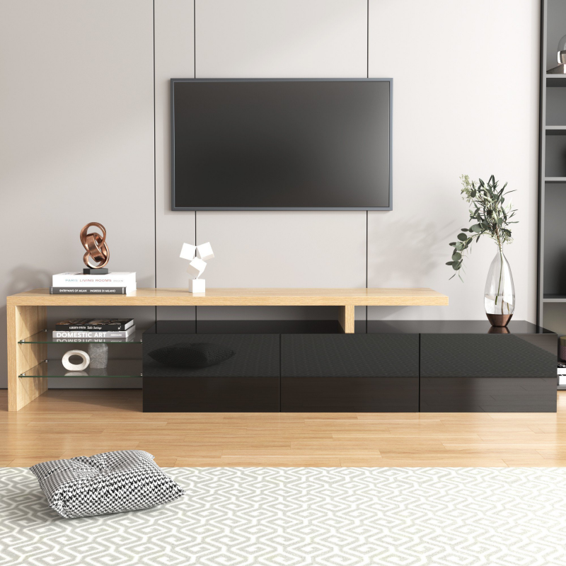 Fernsehschrank Modern Hochglanz Schwarz 197cm TV-Schrank mit Glasfach LED Beleuchtung Design, Holzoptik, Glasböden, Praktischer Stauraum Aosom.de – Bild 1 von 2