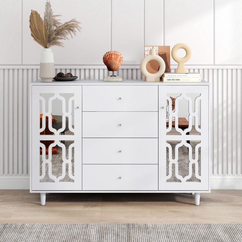 Anrichte 147x40x102 cm mit Kristallgriffen für Wohn- und Esszimmer, Anrichte mit Schubladen Kristallgriff Anrichte, Weiß Aosom.de – Bild 1 von 2