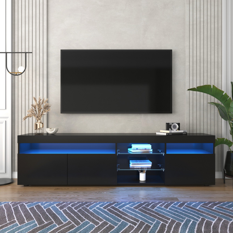 Moderner TV-Schrank mit LED-Beleuchtung, Hochglanz und Glaselementen, Schwarz – Bild 1 von 2