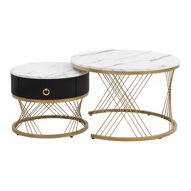 Couchtisch 2er-Set mit Schubladen Marmoroptik Golddekor weiß Beistelltisch Eleganter Design hochwertig stabil für Wohnzimmer, 70 x 70 x 45 cm Aosom.de – Bild 1 von 2