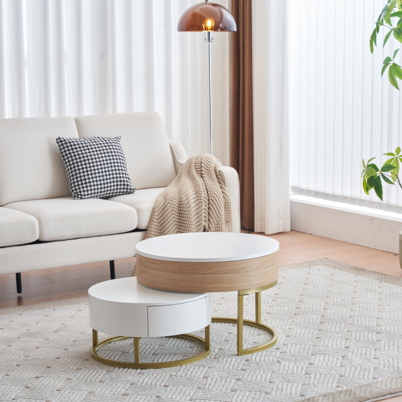 Couchtisch Set höhenverstellbarer Couchtisch mit Schubladen 2-teiliges Set weiße 70x70 Couchtisch vergoldeter Satztisch Kombination Aosom.de – Bild 1 von 2