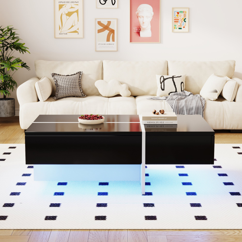 Wohnzimmertisch Couchtisch mit drei Schubladen 100cm Hochglänzender App-gesteuertem LED schwarz-weiße Colorblock Schwarz Aosom.de – Bild 1 von 2