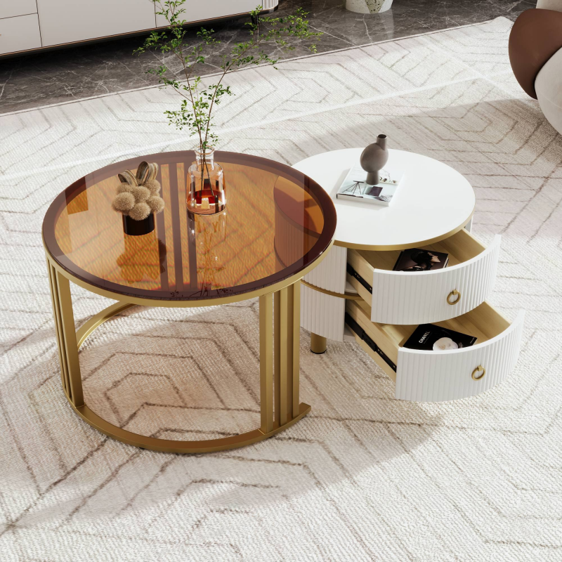 Couchtisch rund, 2er Set Runder Couchtisch mit Schubladen, Platzsparendes Rundes Sofa Tisch 70x70cm 50x50cm, leicht zu bewegen, Weiß Braun Aosom.de – Bild 1 von 2