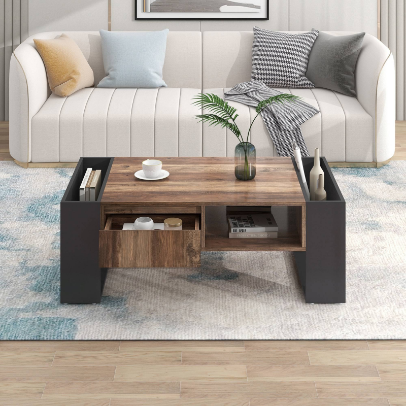 Couchtisch, Großzügiger Stauraum, Holzmaserung mit griffloser Schublade und doppelseitigem Stauraum, 106,4 x 60 x 40 cm, Schwarz/ Grau Aosom.de – Bild 1 von 2