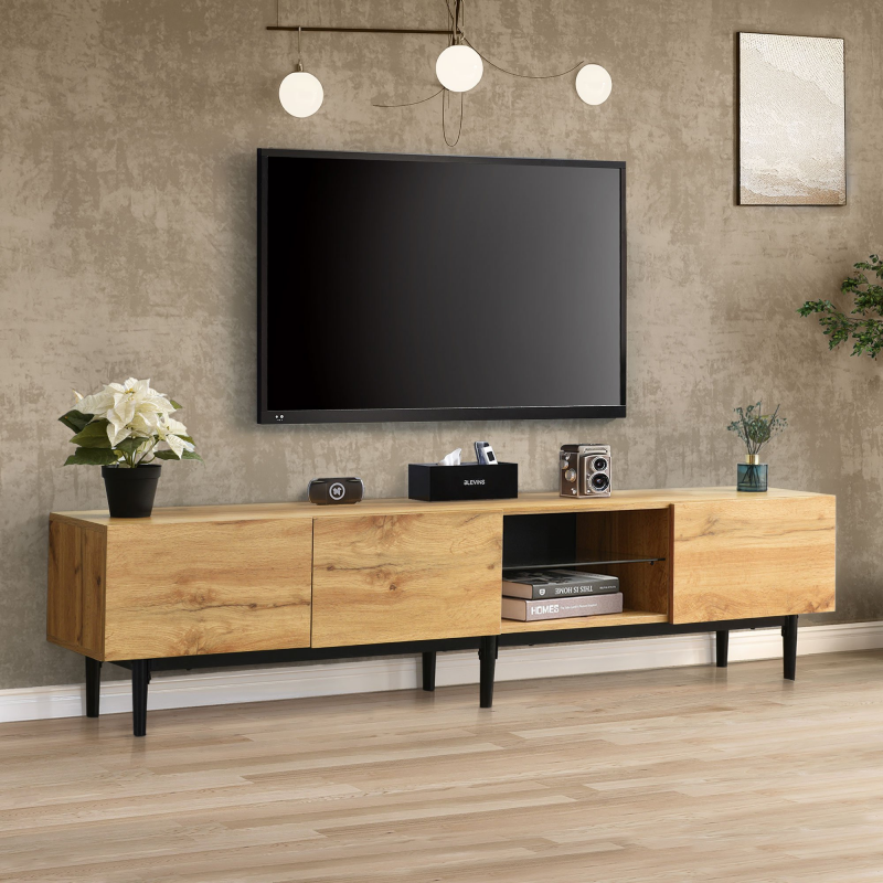Moderner TV-Schrank mit Holzmaserung und 7-farbigen LED-Leuchten, einfacher Montage und großem Stauraum, Holzfarbe – Bild 1 von 2