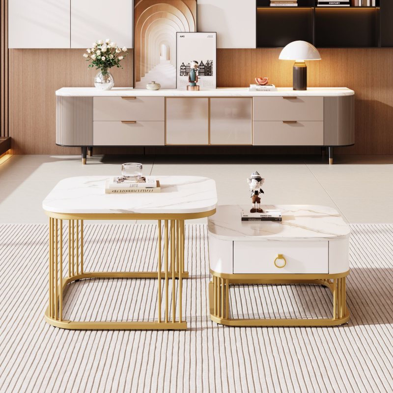 Couchtisch, Luxuriöser mit Schubladen weiß Stapelbarer Hochglanz-Marmoroptik vergoldeten Akzenten zweiteiliges Set, 60 x 60 x 45 cm Aosom.de – Bild 1 von 2
