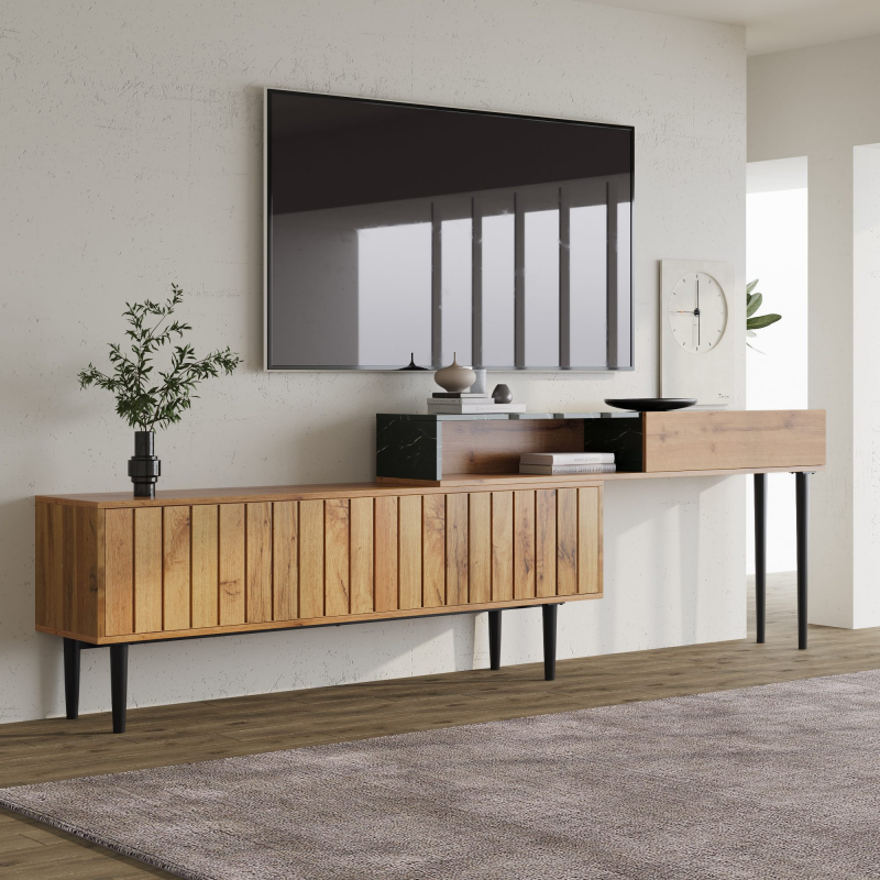 Moderner TV-Ständer mit Marmor- und Holzmaserungsdesign, PVC-Kante und stabilen Eisenbeinen, Holzfarbe – Bild 1 von 2