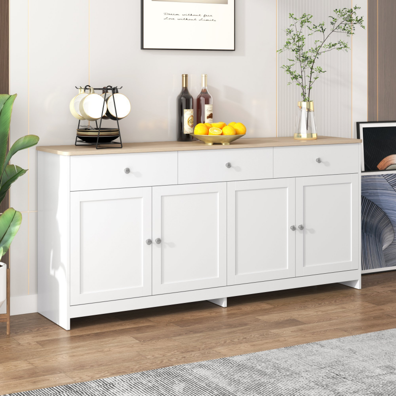 Sideboard Landhausstil Weiss 160cm Holzmaserung mit 4 Türen und 3 Schubladen für Wohnzimmer Esszimmer Rustikaler Buffet Weiss Aosom.de – Bild 1 von 2