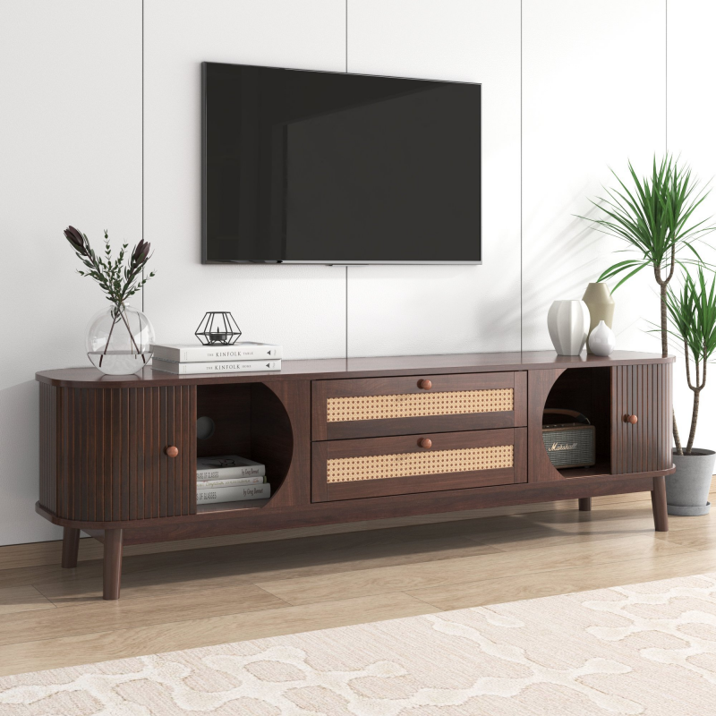 Fernsehschrank 170 cm TV-Schrank aus Massivholz mit Rattanseiten im Landhausstil, viel Platz, Stabile Holzfüße, 170 x 39,5 x 46 cm Aosom.de – Bild 1 von 2