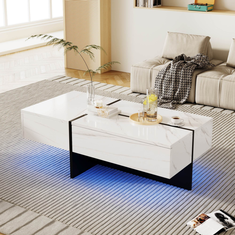 Couchtisch, mit LED App-gesteuert Beleuchtungssystem, 3 Schubladen Hochglänzend Marmorimitat, 100 x 50 x 34,5 cm, bis 30 kg, Schwarz/Weiß Aosom.de – Bild 1 von 2