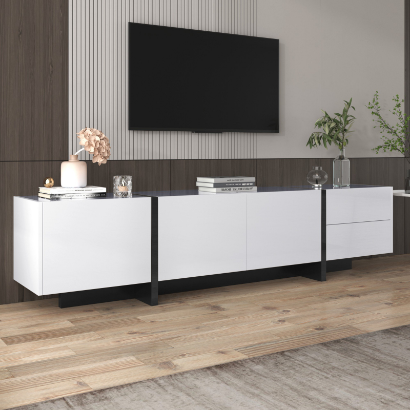 TV Schrank weiß, 190x35x45cm TV-Schrank Schwarz Weiß Design, mit Regalen und Schubladen, Hochglanz, modernes Design, Weiß und Schwarz Aosom.de – Bild 1 von 2