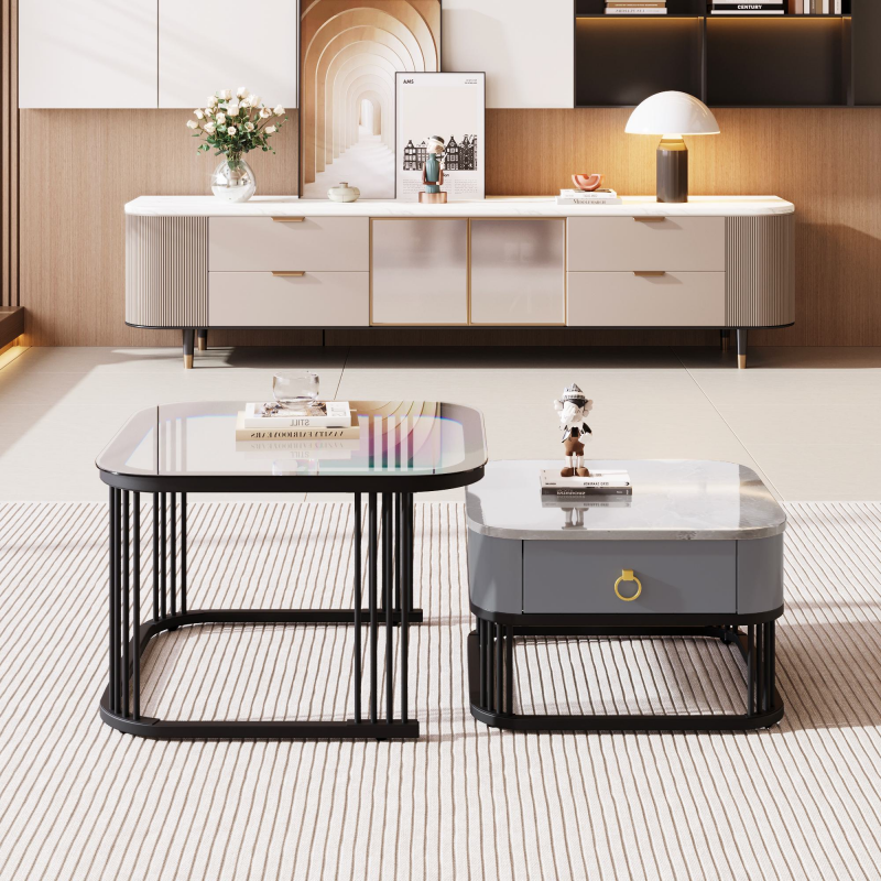 Couchtisch, 2er-Set mit Schublade Marmoroptik Stapelbarer Hochglänzende Glasplatte schwarze Beine, 60 x 60 x 42 cm, schwarz Aosom.de – Bild 1 von 2