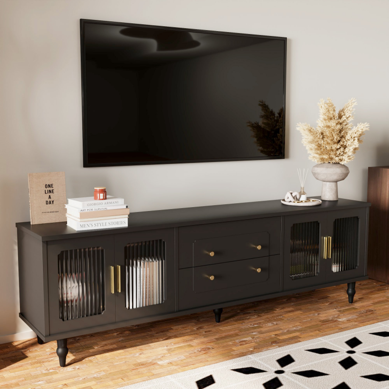 TV-Schrank, großer Stauraum Glastüren schwarz elegant Retro mit Goldgriffen, stabile Beinen, Push-to-Open Schubladen, 175 x 38 x 55,5 cm Aosom.de – Bild 1 von 2
