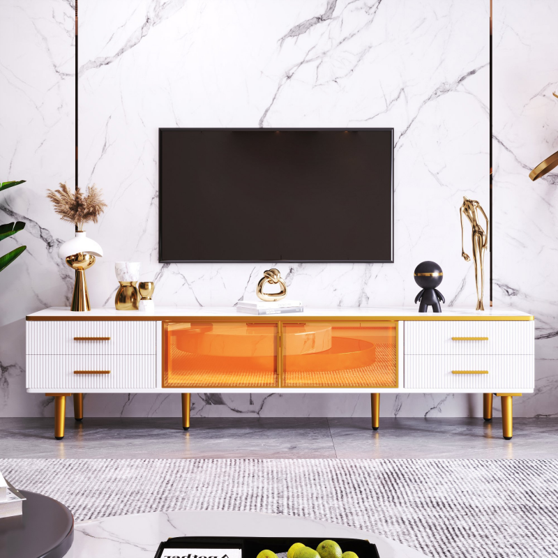 TV-Schrank 170x47 cm Weiß und Gold Glas Aluminium LED-Beleuchtung 4 Schubladen 2 Türen vergoldete Griffe Modernes Design Wohnzimmer Aosom.de – Bild 1 von 2