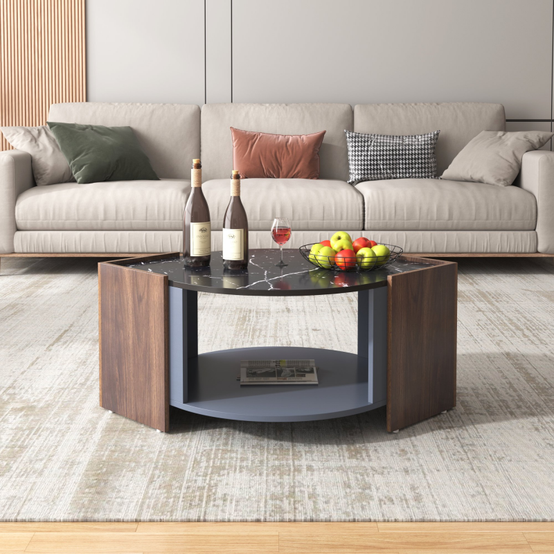 Wohnzimmertisch, strukturierter Couchtisch aus schwarzem Marmor und Waldessmaserung mit einzigartigen Linien, bis 30 kg, 96.5 x 63 x 40 cm, Schwarz – Bild 1 von 2
