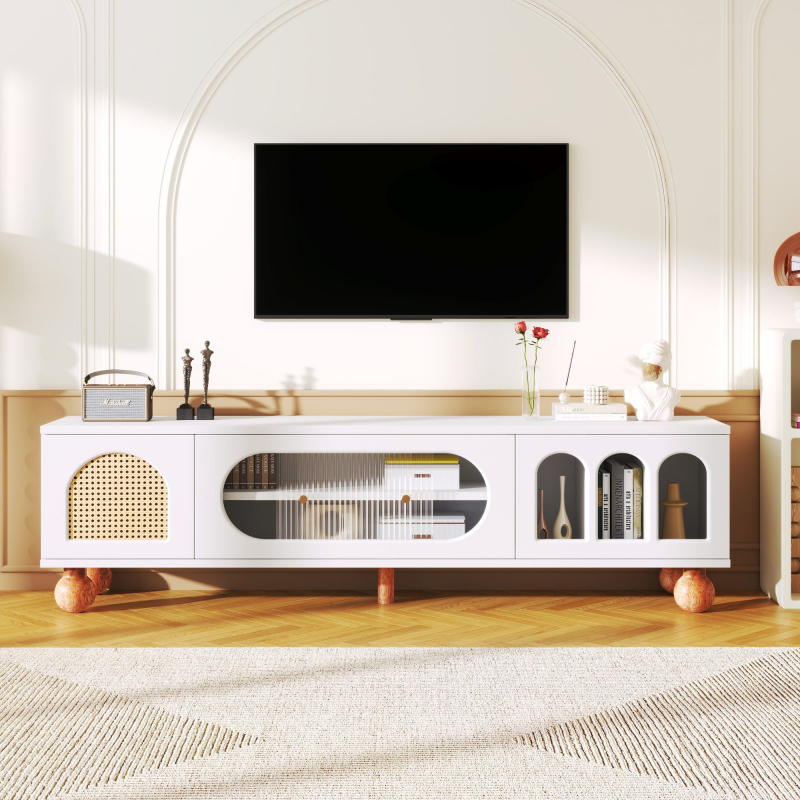 TV Schrank Weiß, Klassischer TV-Schrank 170 cm mit Rattan-Optik, Glasschiebetüren, vergoldeten Griffen, Massivholzfüßen, Weiß und Holzfarbe Aosom.de – Bild 1 von 2