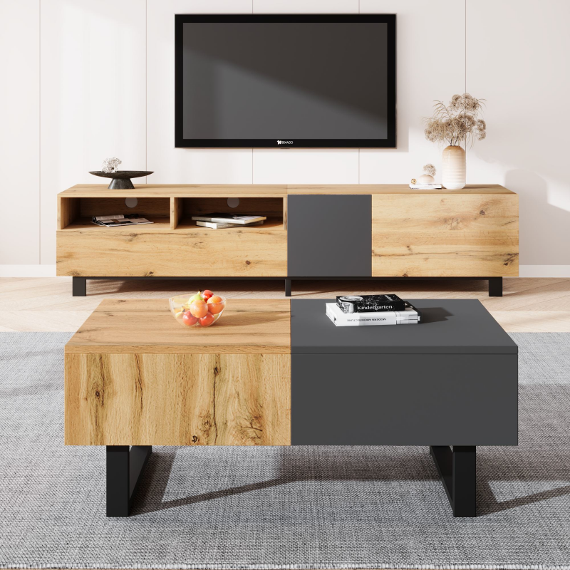 Wohnzimmertisch, verschiebbarer Couchtisch mit verstecktem Stauraum, 155x55x22 cm, aus Holz und Metall, Natürliche Farben Aosom.de – Bild 1 von 2