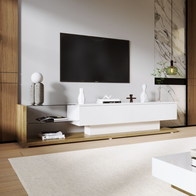 TV-Schrank 170cm Hochglanz Glasböden mit LED-Beleuchtung Modernes Landhausstil Weiß stabil geräumig für Fernseher bis 170cm stilvolles Aosom.de – Bild 1 von 2