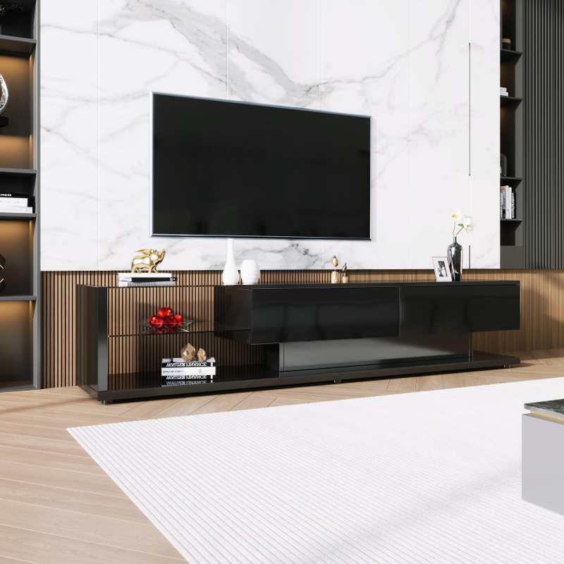 TV-Schrank, mit LED-Beleuchtung Glasregale Hochglanz Schwarz Schubladen für Fernseher bis 75 Zoll, 2 Schubladen, 170 x 36 x 38 cm Aosom.de – Bild 1 von 2