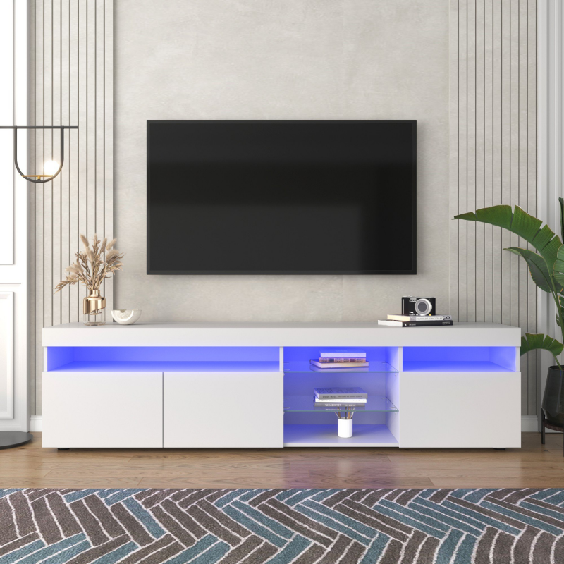 Moderner TV-Schrank mit variabler LED-Beleuchtung und Glaseinlage, Hochglanz für Wohnzimmer, Weiß – Bild 1 von 2