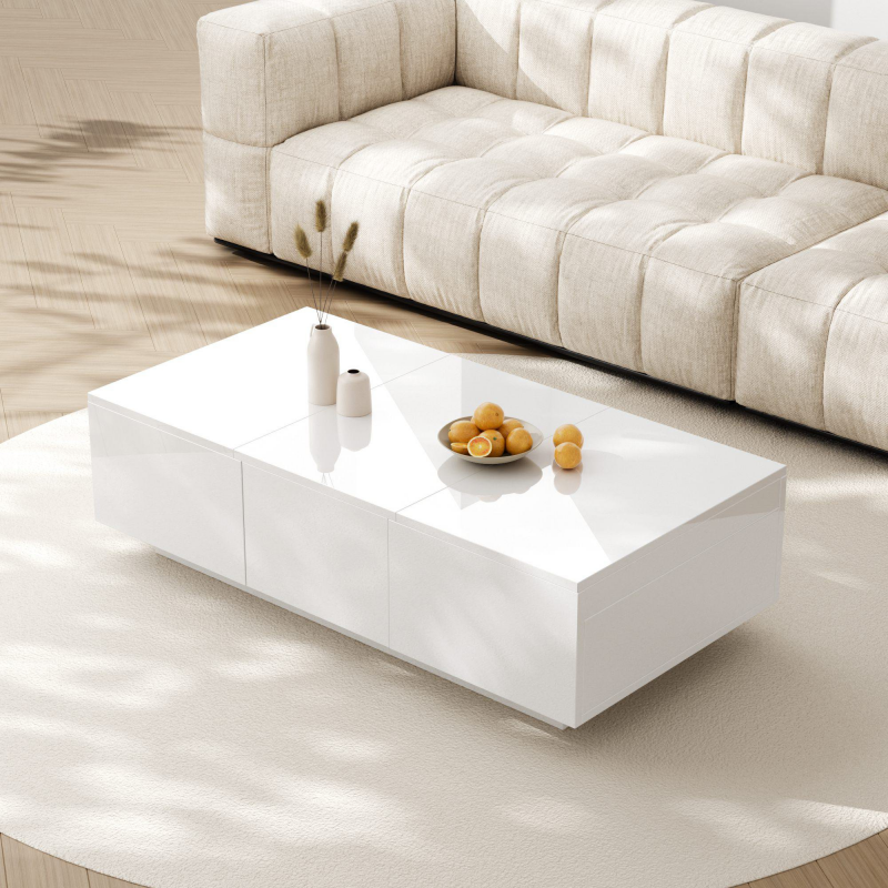 Hochglanz Couchtisch Weiss hochglanz, 100x50x31 cm Push-Pull Couchtisch mit doppelseitigen Schubladen Aosom.de – Bild 1 von 2