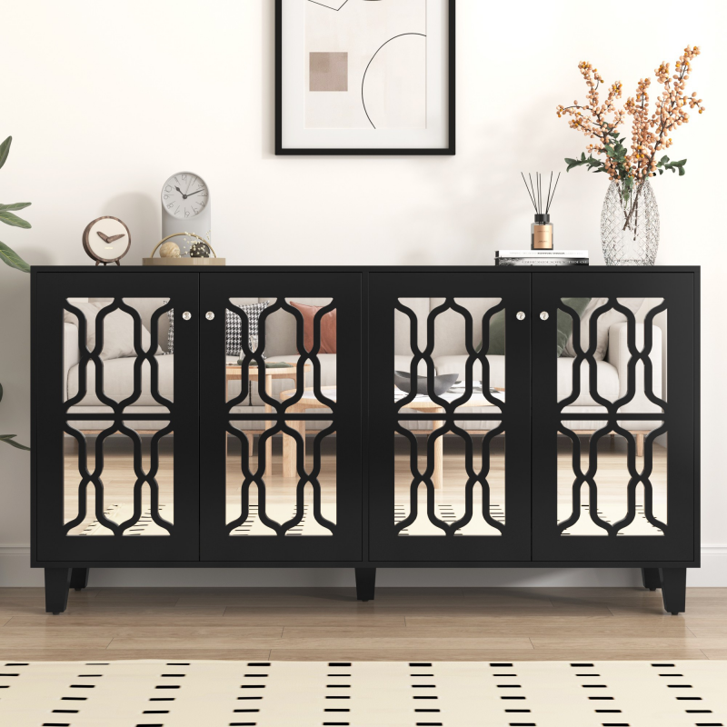 Küchenschrank, Anrichte mit Kristallgriffen und Spiegeloberfläche, Vier Türen zwei beweglichen inneren Regalen, bis 80 kg, 160 x 40 x 84 cm, Schwarz – Bild 1 von 2