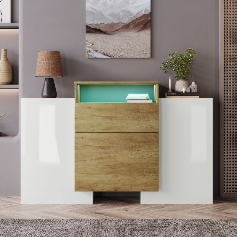 Sideboard, mit LED-Beleuchtung, zwei Türen, zwei Regalen und drei Schubladen, Modernes Design, bis 80 kg, 140 x 30 x 77,5 cm, Weiß + Holzfarbe – Bild 1 von 2