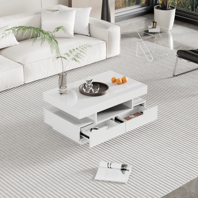 Couchtisch Weiß Hochglanz 80x50x36 cm, Luxus Couchtisch mit LED-Licht und großen Schubladen, Design modern, sparsam Platz Aosom.de – Bild 1 von 2