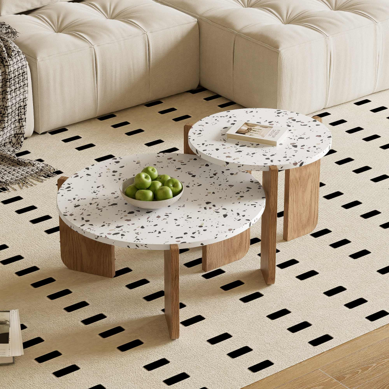 Moderner Couchtisch-Set, 2er-Set, ineinander verschachtelt, vielseitig einsetzbar, Weiß und Holzfarbe, Weiß und Holzfarbe – Bild 1 von 2