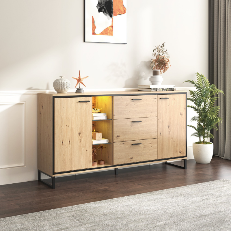 Modernes Sideboard 160 cm breit, Schwarz und Holzton, mit 3 Schubladen und 2 Türen, LED-Beleuchtung, viel Stauraum, Exquisite Maserung Aosom.de – Bild 1 von 2