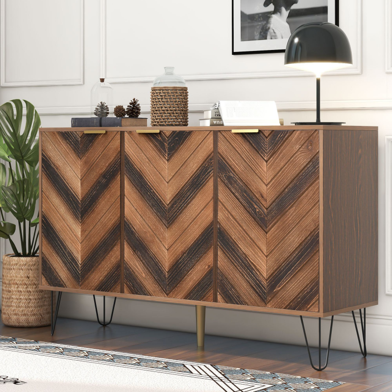 Anrichte 120x38x76,5 cm mit Massivholzfurnier und stabilen Eisenfüßen, Anrichte mit vergoldeten Griffen, Holzfarbe+Schwarz Aosom.de – Bild 1 von 2