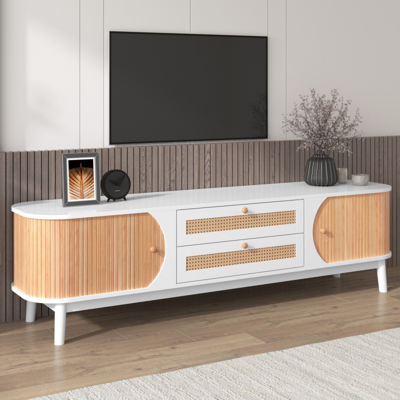 TV-Schrank Massivholz Weiß Landhausstil Rattan Seiten Türen Schubladen aus Massivholz Stabile Holzfüße 170 x 39,5 x 46Hcm Aosom.de – Bild 1 von 2