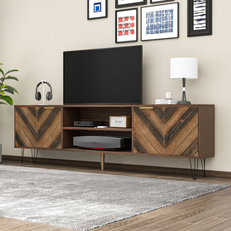 TV-Schrank, Lowboard mit robusten Eisenfüßen Stauraum Massivholzfurnier vergoldeten Griffen, 157 x 38 x 48 cm, Holzfarbe Aosom.de – Bild 1 von 2