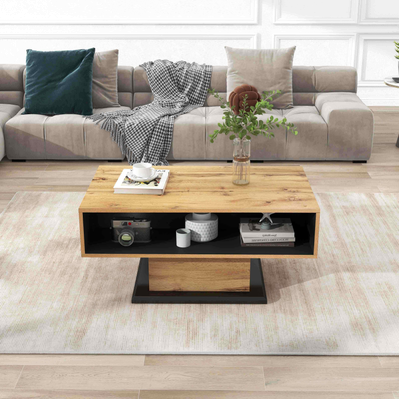 Couchtisch mit Holzmaserung, 100x60 cm, grifflose Schublade offener Bodenfach, Doppelseitiger Stauraum, Eiche Anthrazit Aosom.de – Bild 1 von 2