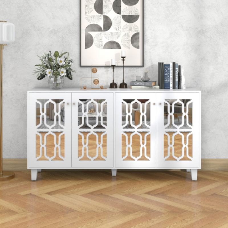 Sideboards, Anrichte mit Kristallgriff, Bewegliches Laminat, Spiegeloberfläche 4 Türen, Einfache Montage, Robust, 160 x 40 x 84 cm, Weiß Aosom.de – Bild 1 von 2