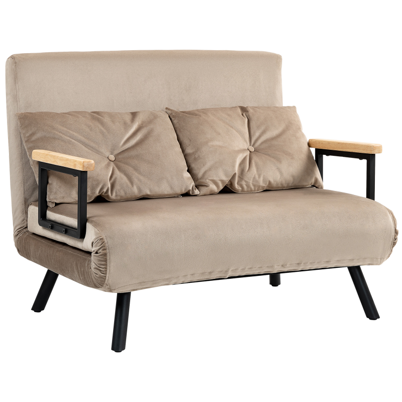 HOMCOM 2er Sofa mit Schlaffunktion, 102x73x81cm, mit fünffach verstellbarer Rückenlehne, Wurfenkissen, rutschfesten Füße, Samtoptik, Hellbraun Aosom – Bild 1 von 2