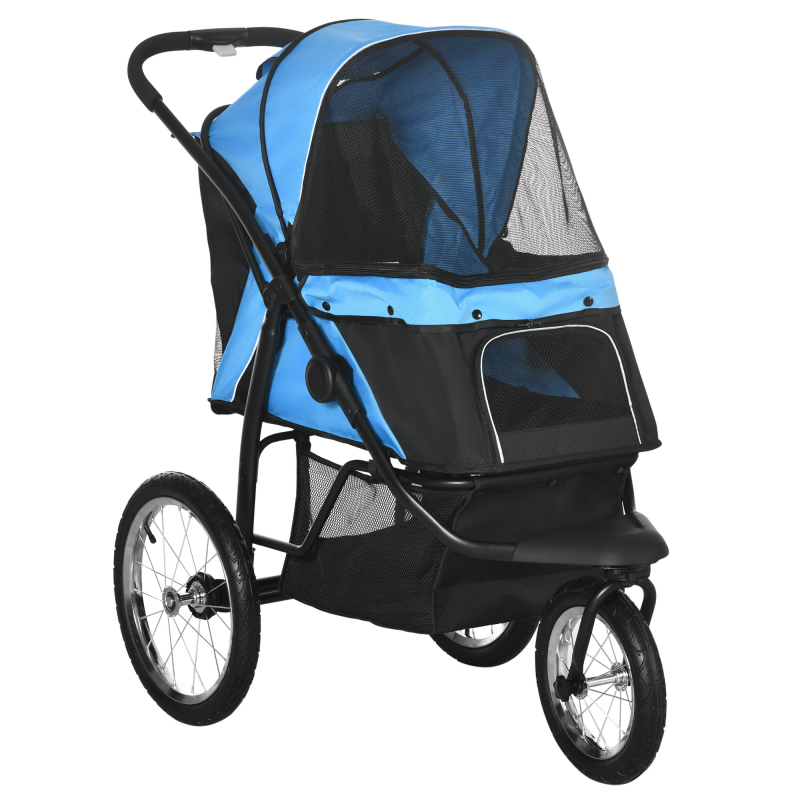 PawHut Hundebuggy Hundewagen mit Reflektoren, Faltbar, Aufbewahrungskorb, Sonnenschutz, Netzfenster, Oxford, Blau Aosom – Bild 1 von 2