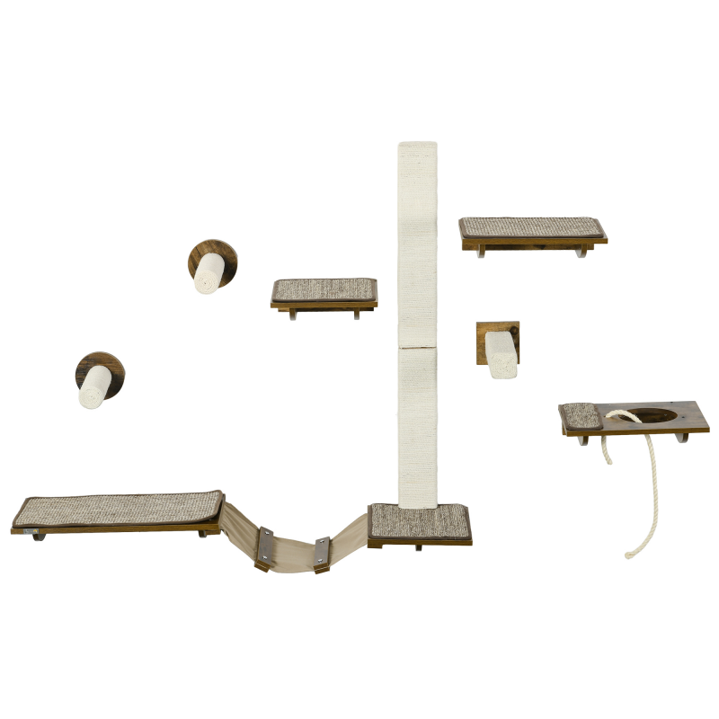 PawHut Katzen Kletterwand Set 8-teilig Katzenmöbel mit Kratzbäumen Sitzstangen Kratzbrett Katzentreppe aus Sisal in Braun für aktives Spielen Aosom.de – Bild 1 von 2