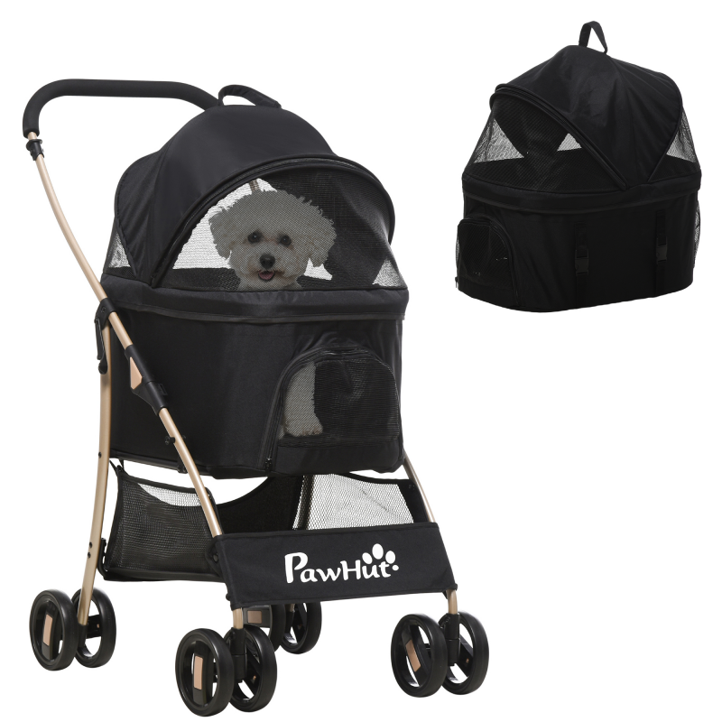 PawHut Hundewagen 2-in-1 Hundetrolley & Tragetasche, faltbarer Hundebuggy mit Kissen, 4 Rädern, Netzfenster, Oxfordstoff, Schwarz Aosom – Bild 1 von 2