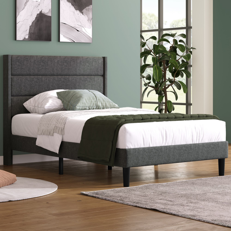 Bettgestell 90x200 Modernes Einzelbett mit Unterlager Dunkelgrau 90x200 cm, ohne Matratze, Modernes Design, Leinenoptik Bezug Aosom.de – Bild 1 von 2