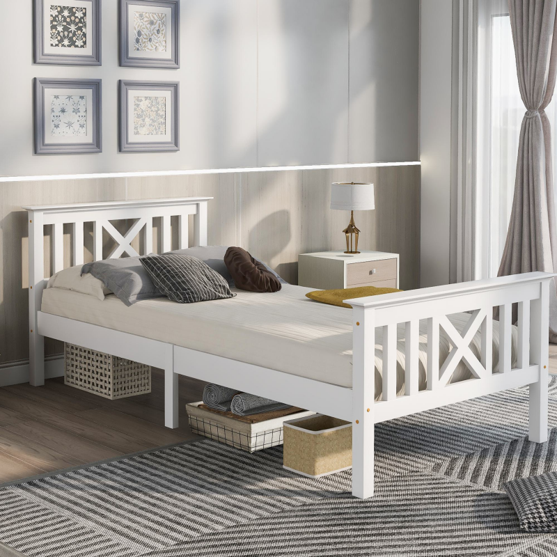 Einzelbett 90x200, Minimalistisches Design Ohne Matratze Mit Stauraum Weisses Bett 90x200 cm Aosom.de – Bild 1 von 2