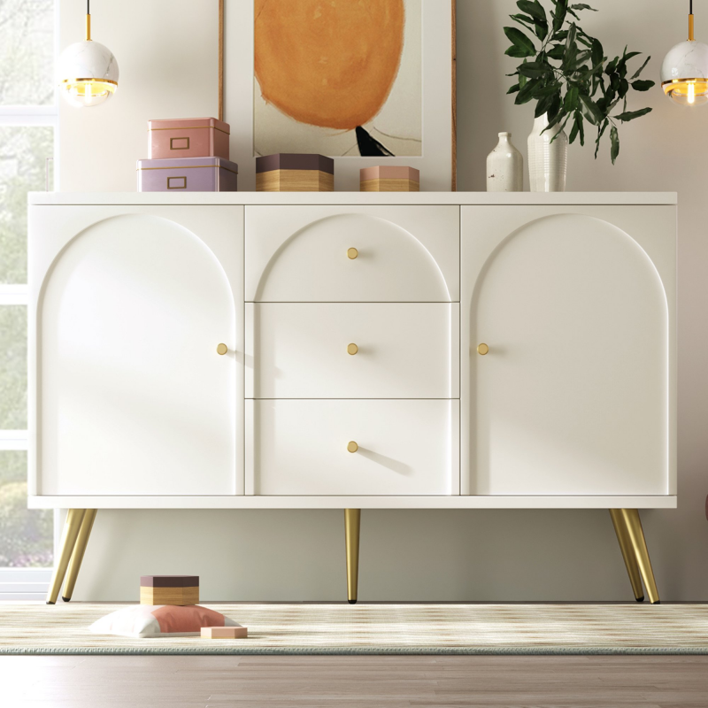 Anrichte 140x84x40 Cremeweiß 3 Schubladen 2 Türen Anrichte mit höhenverstellbarem Regal Kommode Schlafzimmermöbel Aosom.de – Bild 1 von 2