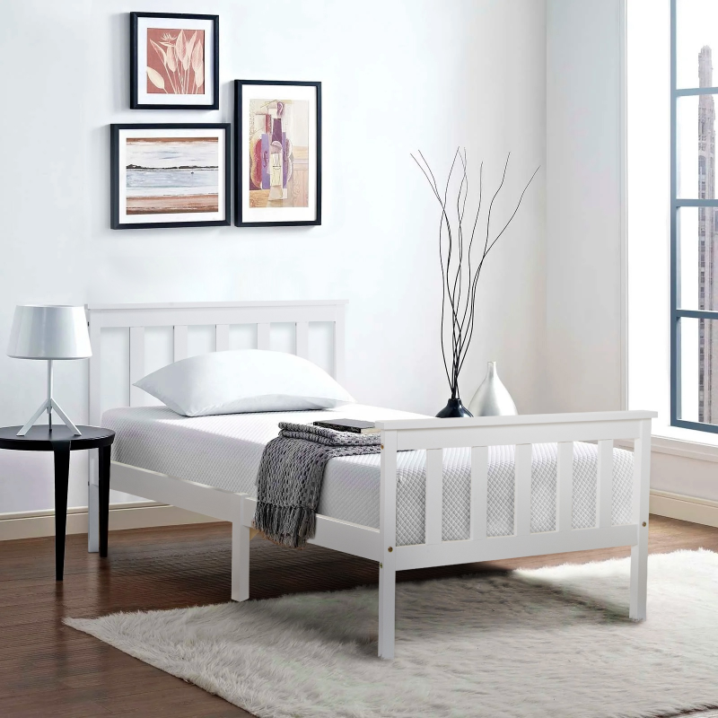 Einzelbett, 90x200 Weiß Minimalistisches Design mit Kopfteil und Lattenrost ohne Matratze Jugendbett für kleine Wohnungen Aosom.de – Bild 1 von 2