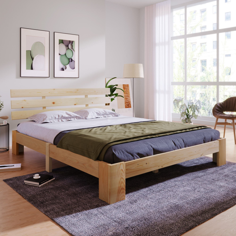 Bettgestell 140x200 Kiefernholz minimalistisches Bettgestell mit Stauraum, umweltfreundliches Bett ohne Lattenrost Naturfarbe Aosom.de – Bild 1 von 2