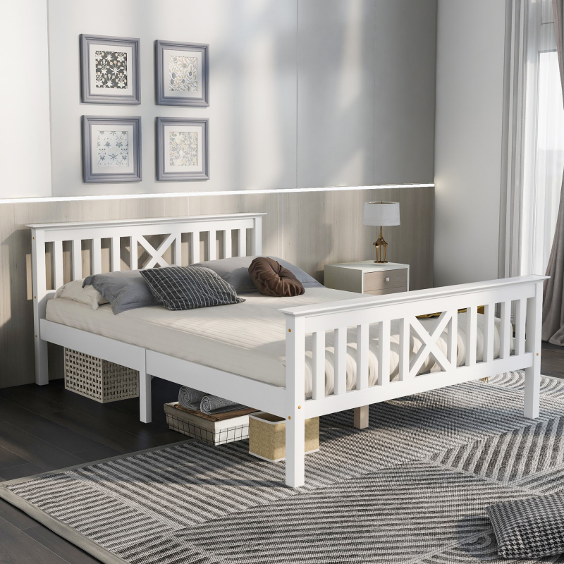 Bettgestell 140x200, Doppelbett 140x200 cm, mit Stauraum, ohne Matratze, X-Form Lattenrost, Weiss, einfach zu montieren aosom.de – Bild 1 von 2