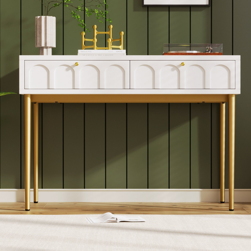 Kosmetiktisch Elegant Schminktisch für Schlafzimmer & Hochzeit, 100x76,5 cm, mit 2 Schubladen, Metallrahmen, Cremeweiß Aosom.de – Bild 1 von 2