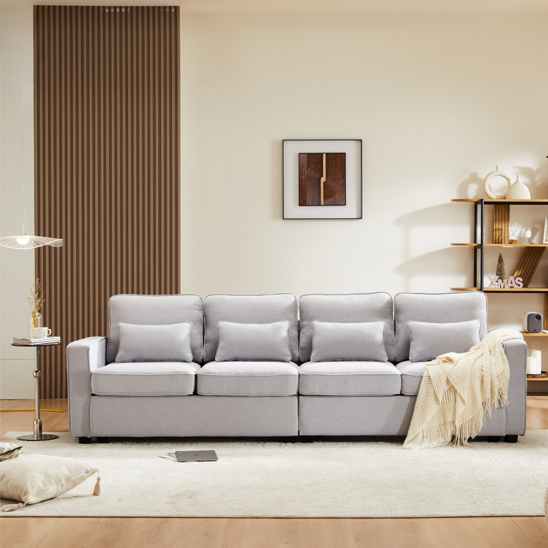 Sofa 3 Sitzer Große 4-Sitzer Sofa Leinenoptik mit Taschen an den Armlehnen und 4 Lendenkissen, Bequeme Sitzgelegenheit, 264x83x87 cm, Grau Aosom.de – Bild 1 von 2