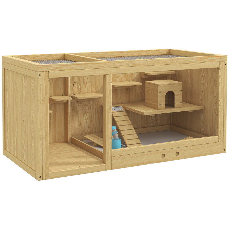 PawHut Hamsterkäfig Holz Kleintierstall, Spielhaus für Gerbils, mit Schaukeln, Leitern, zu öffnendem Dach, Hütte, 100cm, Natur Aosom – Bild 1 von 2