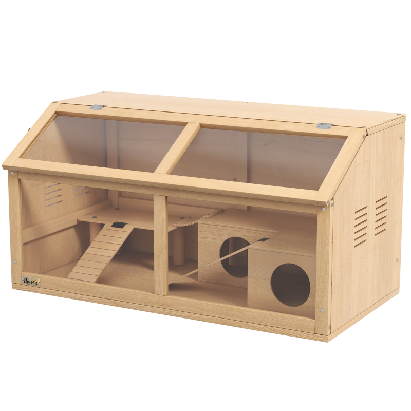 PawHut Kleintierkäfig aus Holz, Kleintierstall mit Hängebrücke, Leitern, Hütte, 84 x 45 x 44 cm Nagerkäfig mit Oberer Tür, für Zwerghamster, Natur Aosom – Bild 1 von 2